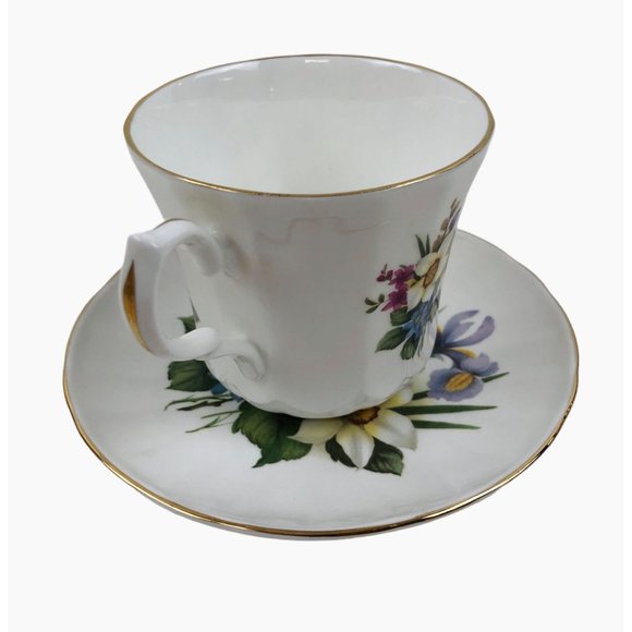 Springfield Tea Cup Saucer England Iris Daffodil Gold Trim Fine Bone China - Picture 6 of 10